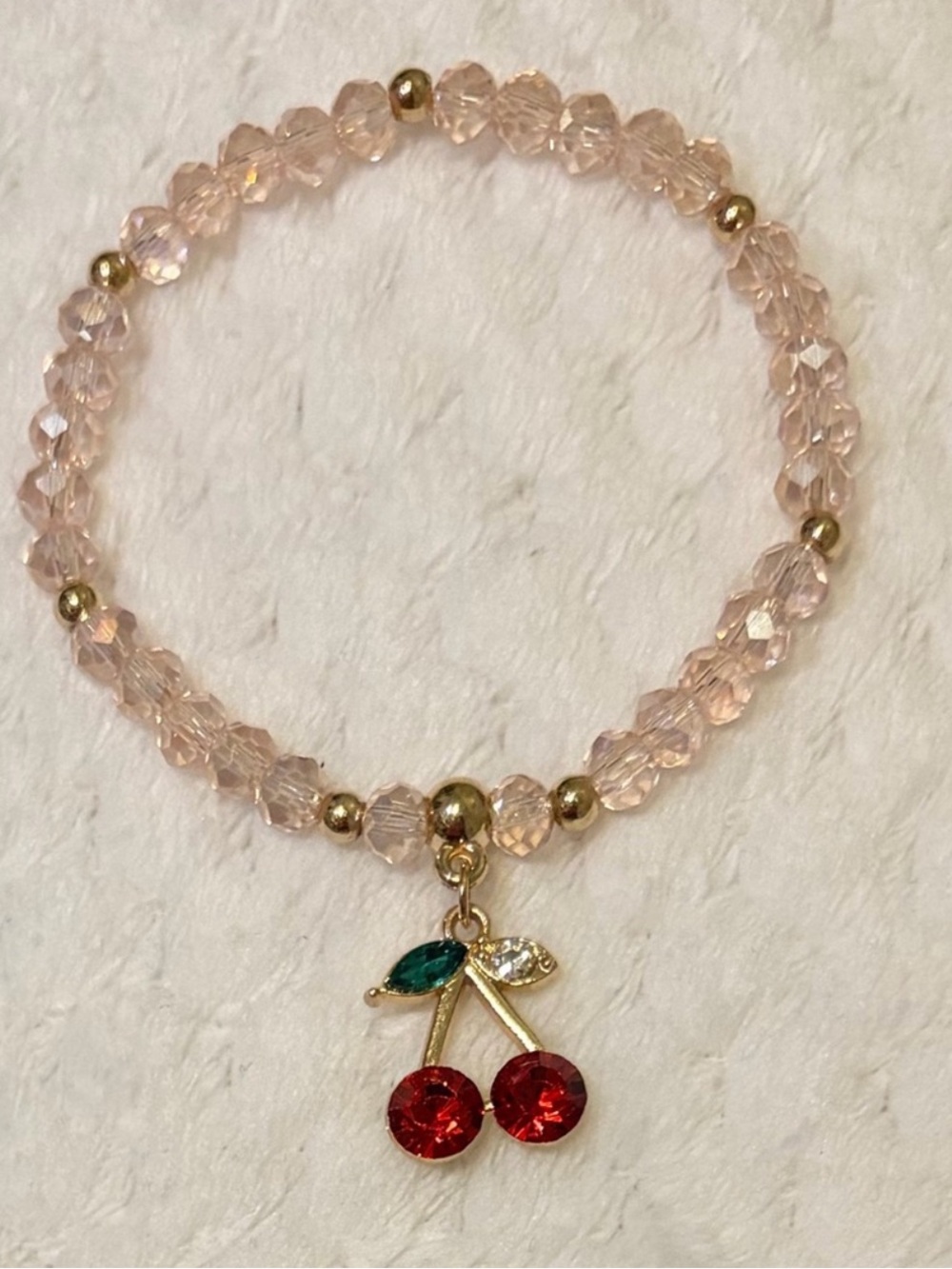 NWOT Delicate Pink Beaded Stretch Bracelet with Cherry Charm